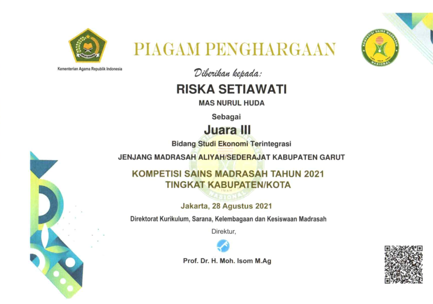 Juara III Ekonomi Terintegrasi Kompetensi Sain Madrasah 2021