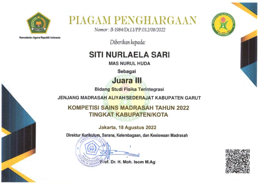 Juara III Fisika Terintegrasi Kompetensi Sain Madrasah 2022